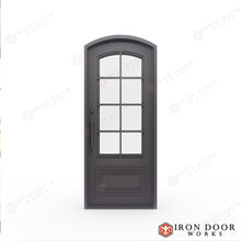 Load image into Gallery viewer, Craftsman Entryway Iron Door - Eyebrow Top - 48&quot; x 96&quot; RH Inswing
